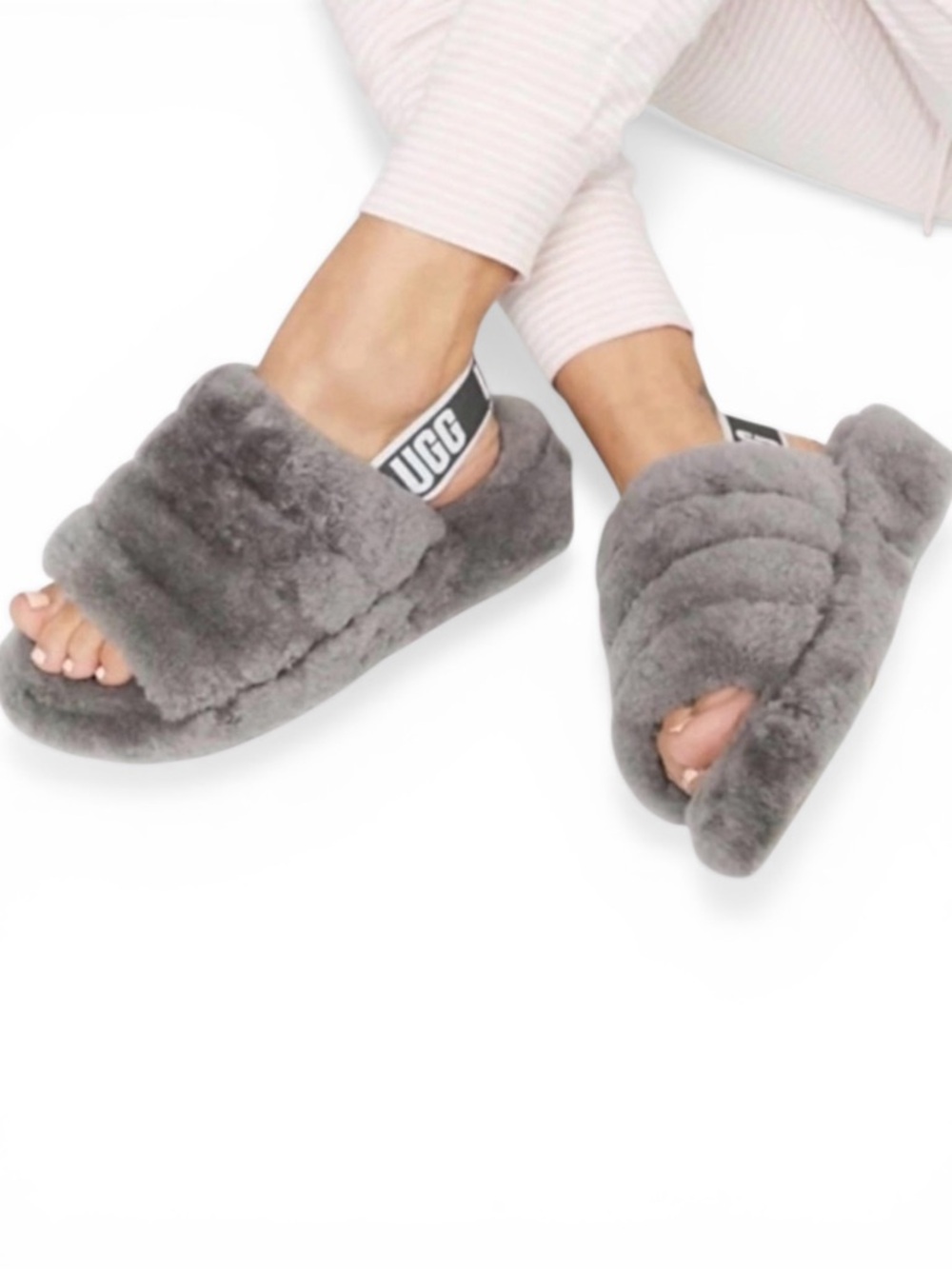 Ugg Fluff Yeah Shearling Slingback Slide Sandals Charcoal Grey Women’s Size 9